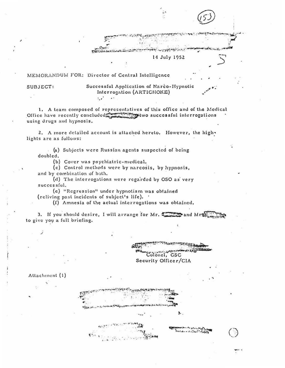 CIA ARTICHOKE report on narco-hypnotic interrogation, July 14, 1952. Complete opening page; the author’s claimed success is not independent scientific validation.