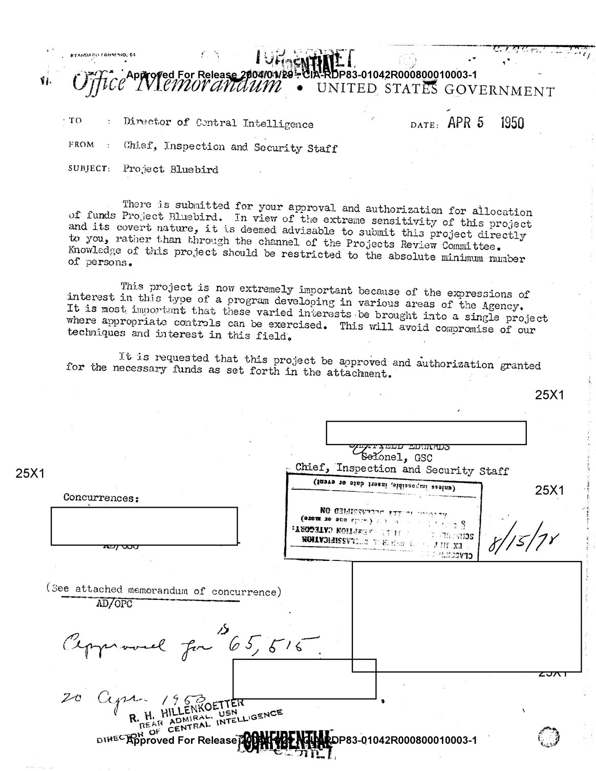 CIA Project BLUEBIRD memorandum, April 5, 1950. Complete opening page, three years before MKULTRA authorization.
