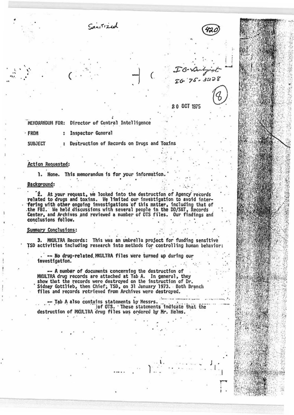 CIA Inspector General memorandum on destruction of drug and toxin records, October 20, 1975. Complete opening page.