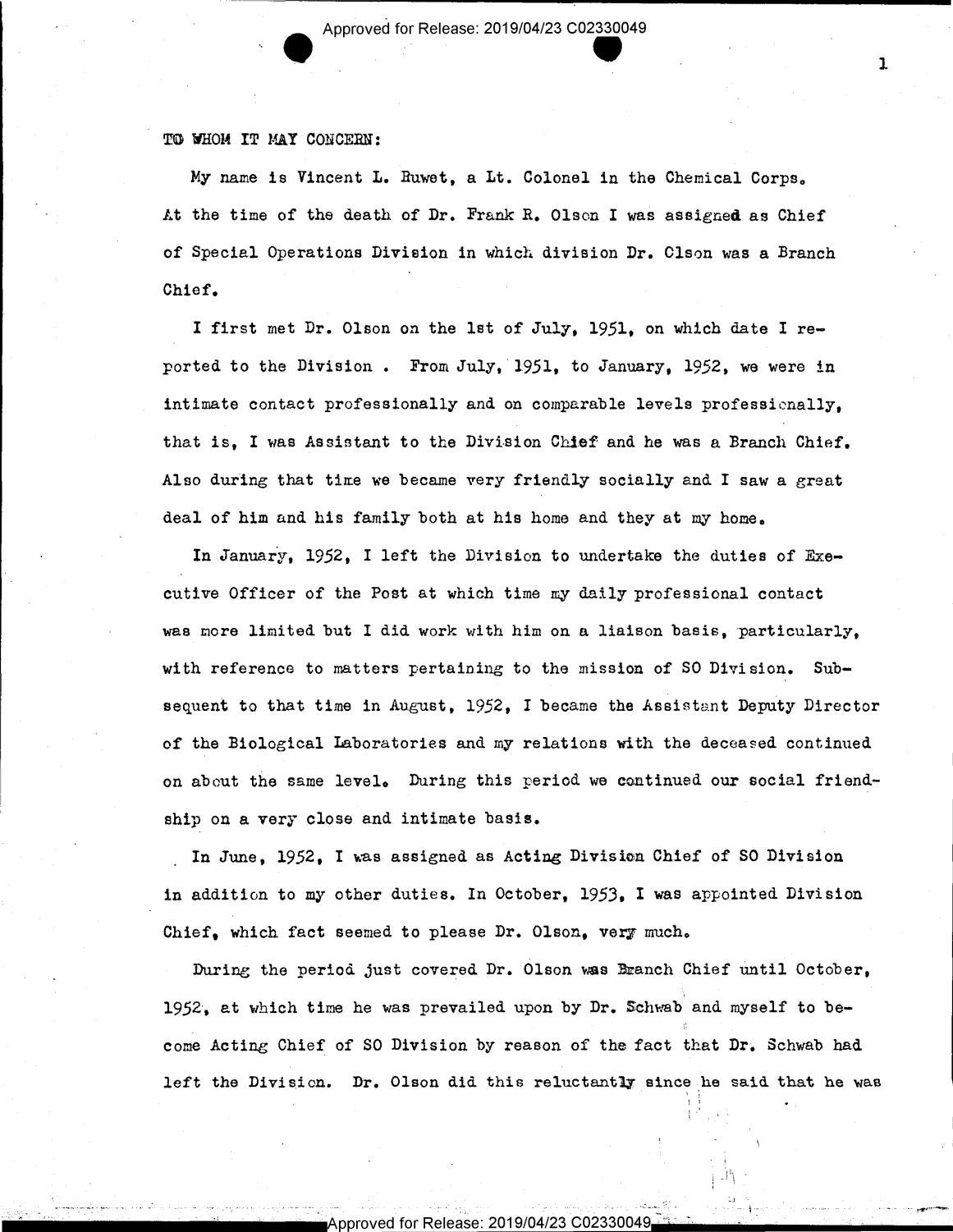 Vincent Ruwet’s statement about Frank Olson, December 1, 1953. Complete opening page of a firsthand official account, not a conclusive ruling on the death.
