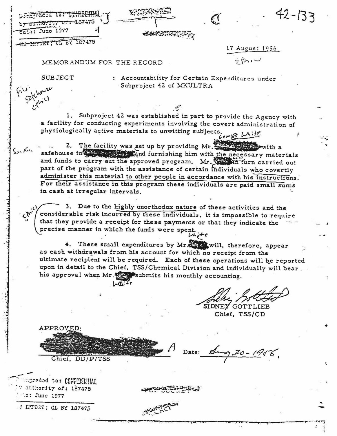 Sidney Gottlieb’s Subproject 42 safehouse accounting memorandum, August 17, 1956. Complete document page.