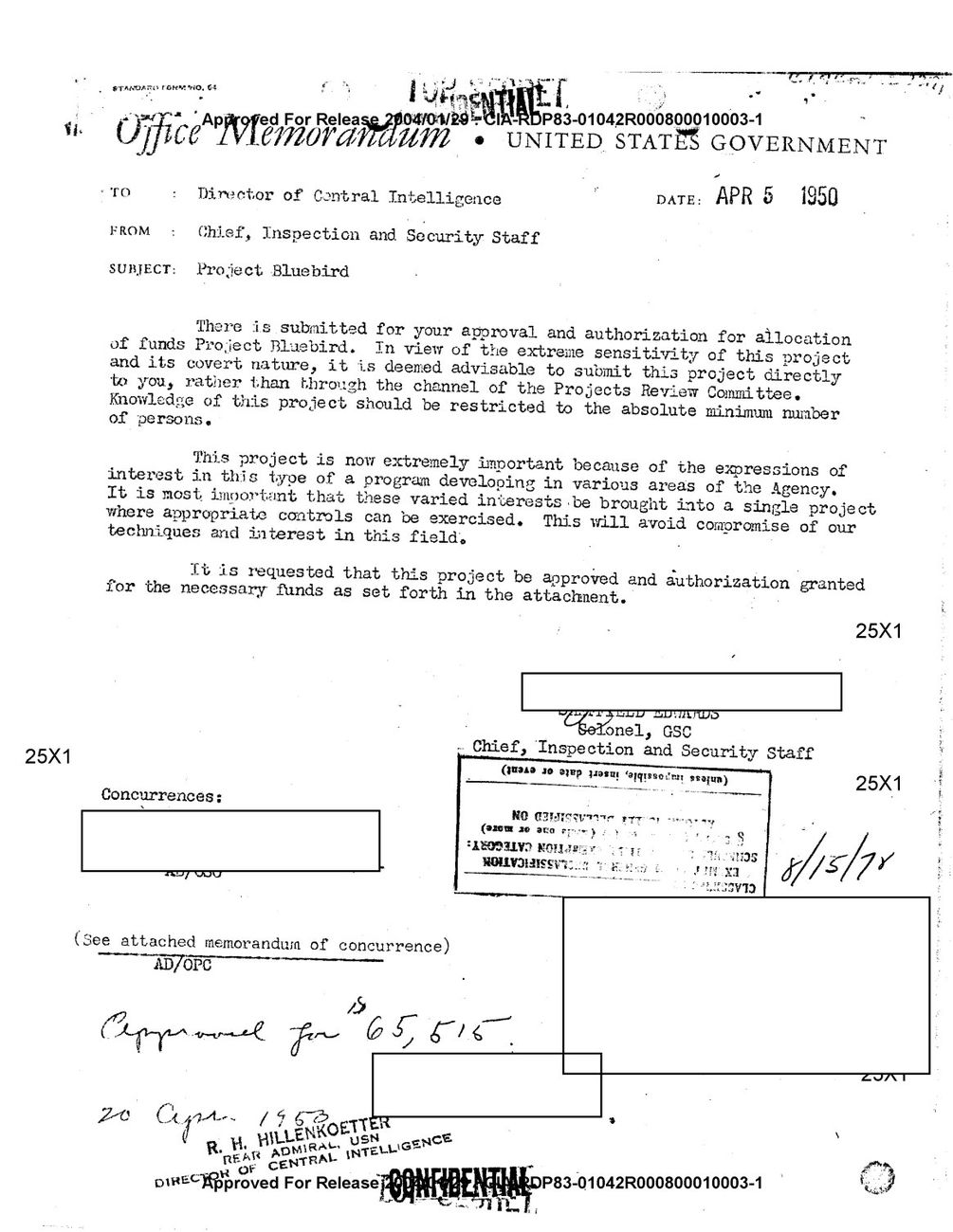 CIA Project BLUEBIRD memorandum, April 5, 1950. Complete opening page, three years before MKULTRA authorization.