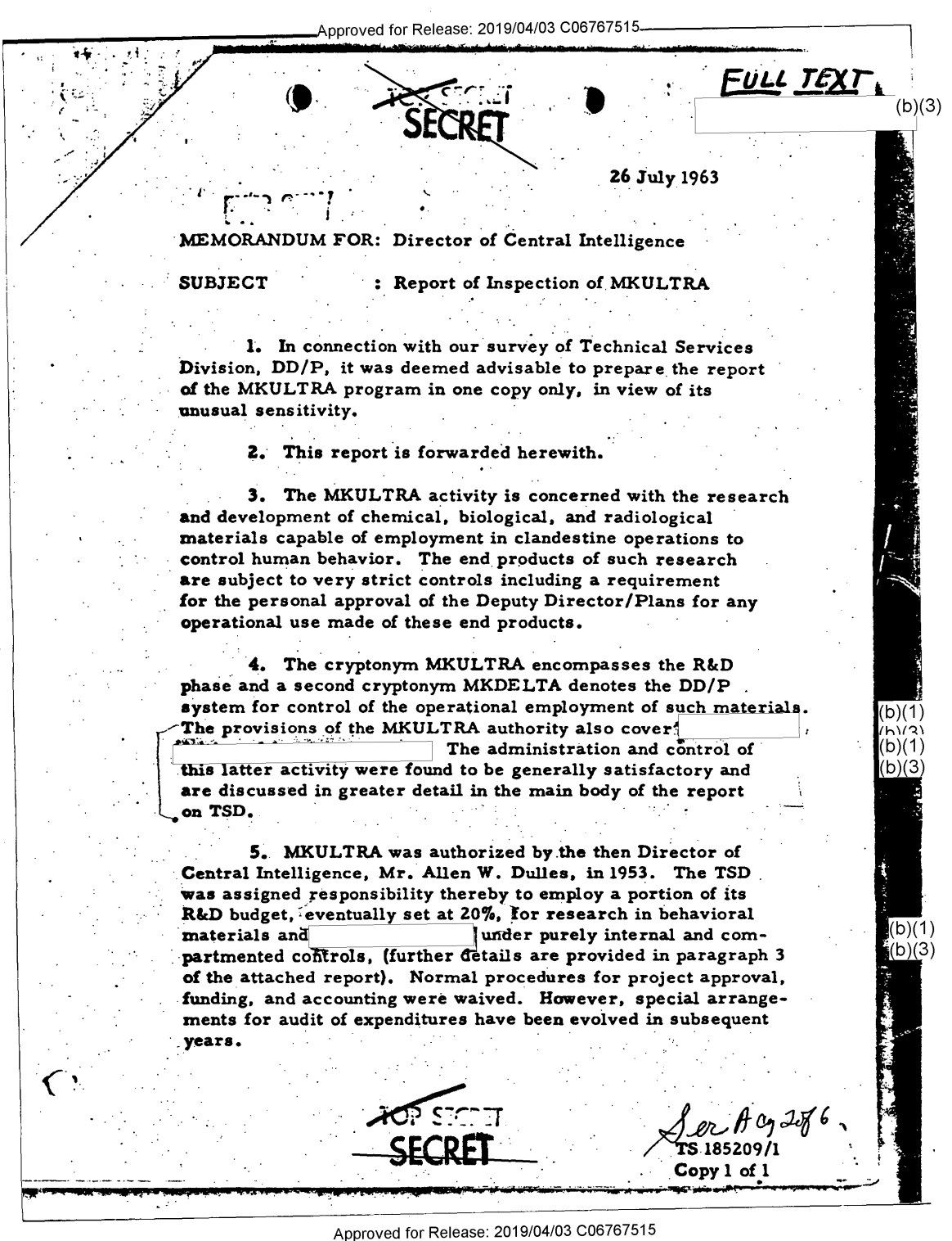 CIA Inspector General cover memorandum forwarding the MKULTRA inspection, July 26, 1963. Complete first page; declassification marks are part of the original scan.