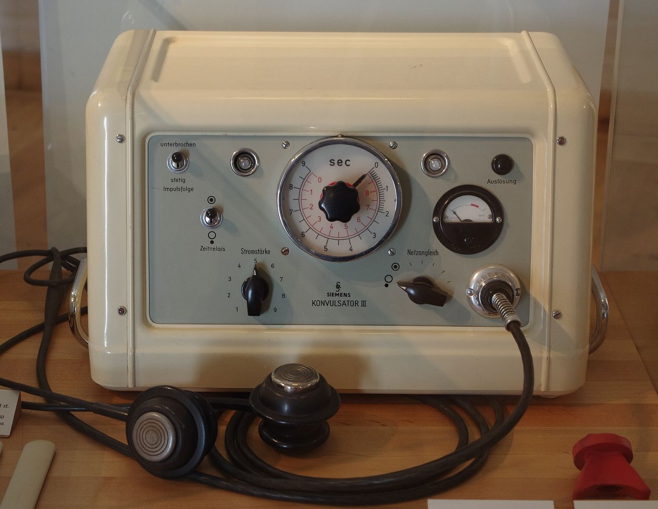 An electroshock machine from about 1960, the Siemens Konvulsator III. It is not from the Allan Memorial Institute.