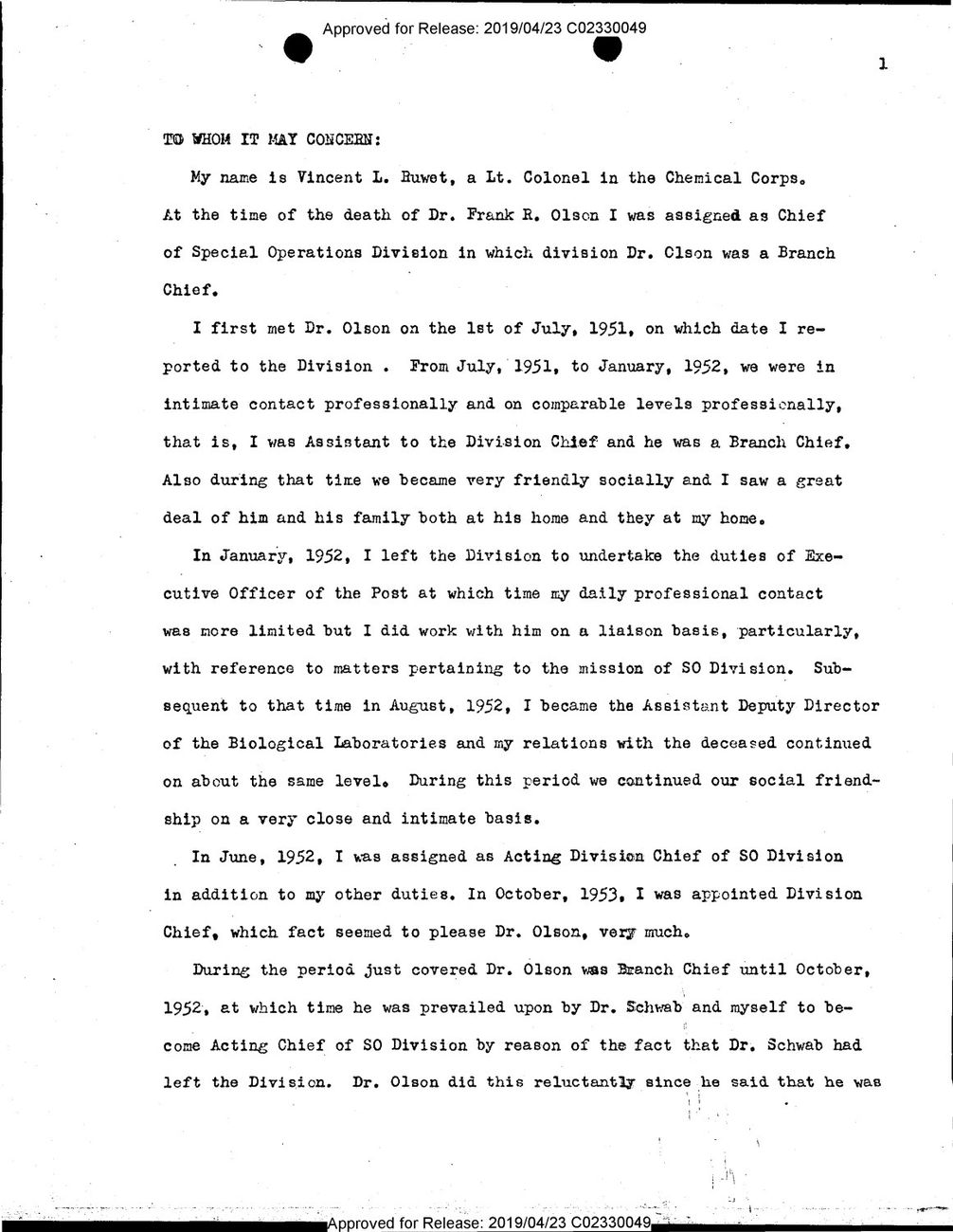 Vincent Ruwet’s statement about Frank Olson, December 1, 1953. Complete opening page of a firsthand official account, not a conclusive ruling on the death.