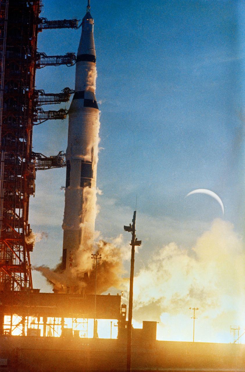 The Apollo 8 (Spacecraft 103/Saturn 503) space vehicle is launched from Pad A, Launch Complex 39, Kennedy Space Center, at 7:51 a.m. (EST), Dec. 21, 1968. The crew of the Apollo 8 lunar orbit mission is astronauts Frank Borman, commander; James A. Lovell Jr., command module pilot; and William A. Anders, lunar module pilot. Apollo 8 was the first manned Saturn V launch. (Just after ignition)