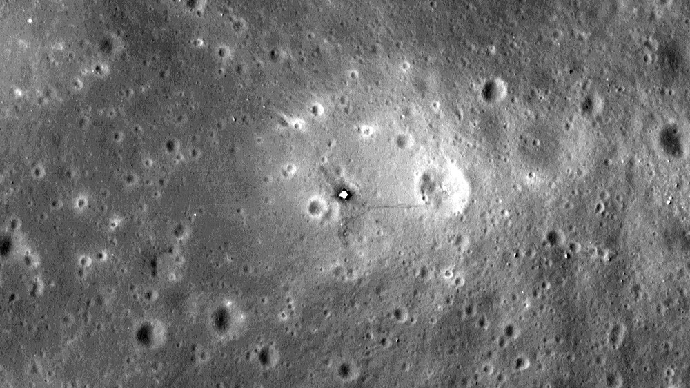 Topic photograph: Apollo 11 landing site seen by the Lunar Reconnaissance Orbiter Camera; NASA published this resource in June 2019. Source annotations retained; not a continuous live feed.