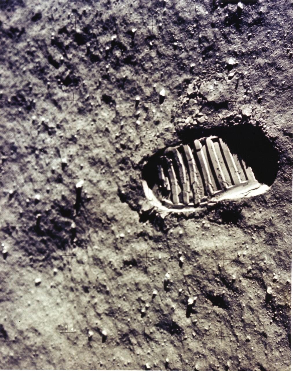 An Apollo 11 bootprint in the lunar soil, July 1969.