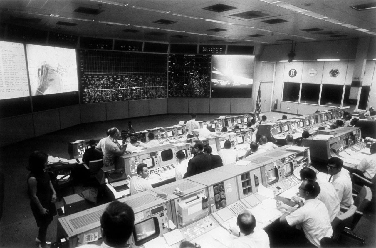 The Mission Operations Control Room in Houston during the Apollo 11 moonwalk, 20 July 1969.