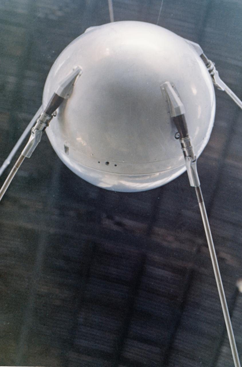 A full-scale model of Sputnik 1, launched by the Soviet Union on 4 October 1957.