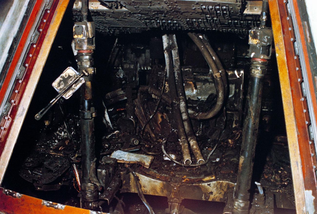 The burned interior of Apollo spacecraft 012 at Pad 34, the day after the fire, 28 January 1967.