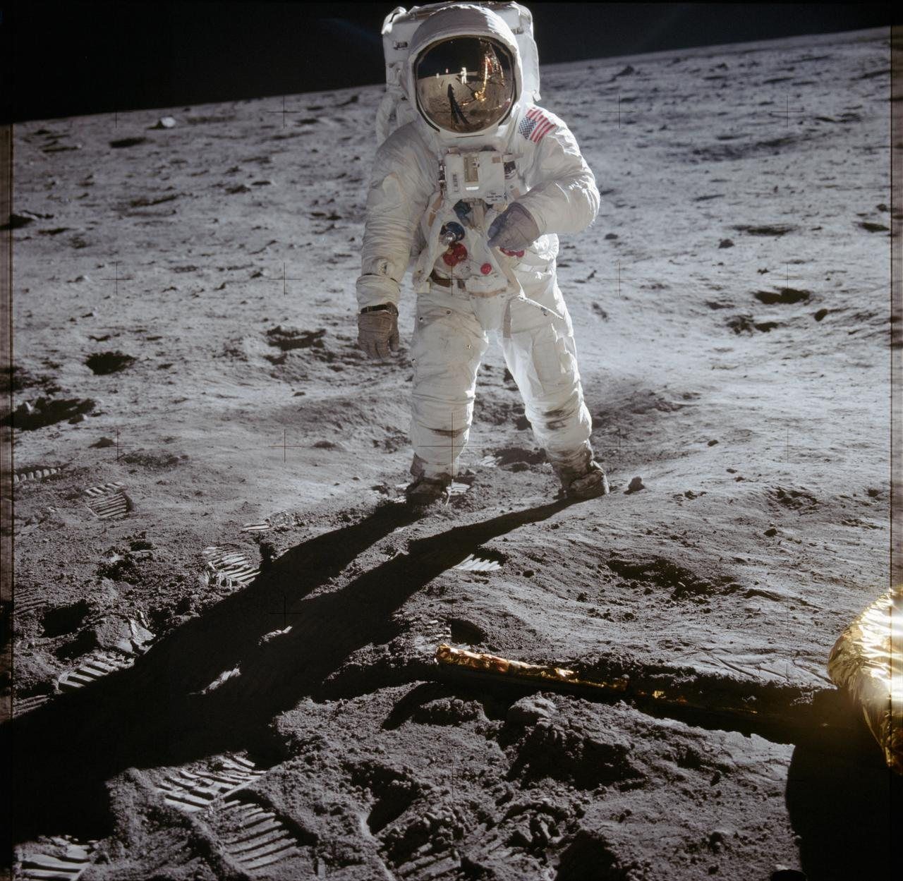 Buzz Aldrin on the Moon, 20 July 1969, photographed by Neil Armstrong, who is reflected in the visor. NASA frame AS11-40-5903.