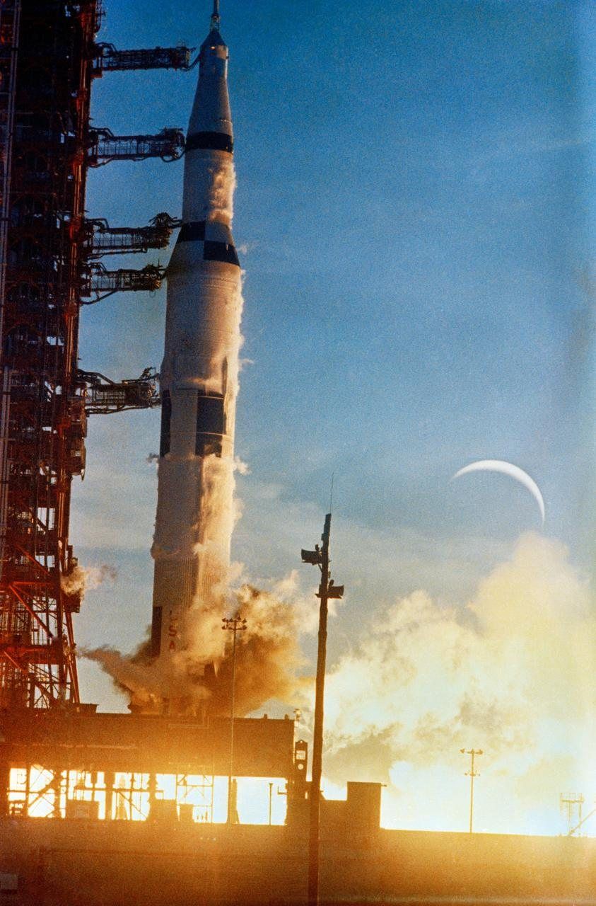 Apollo 8 launches from Kennedy Space Center, 21 December 1968: the first crewed flight to the Moon.