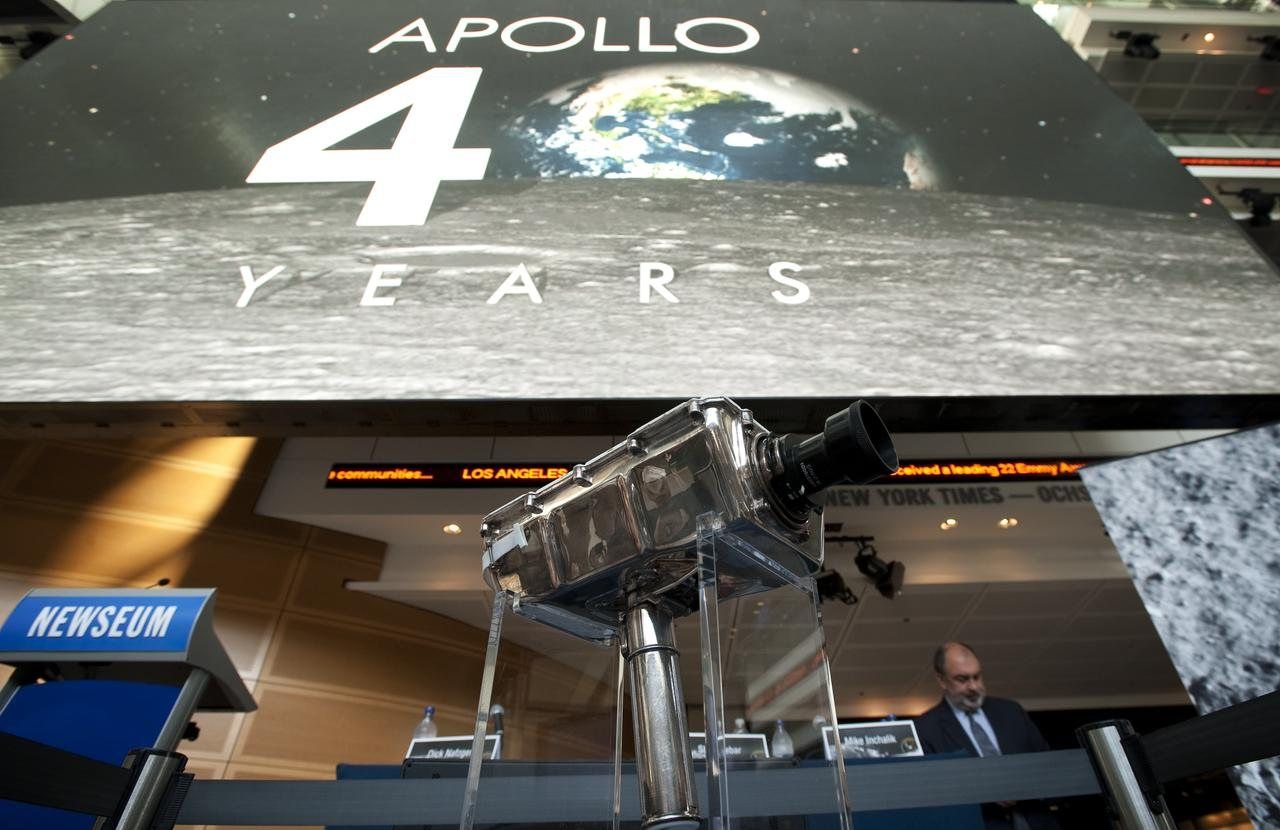 An Apollo lunar TV camera on display at NASA’s 2009 release of restored Apollo 11 moonwalk footage.