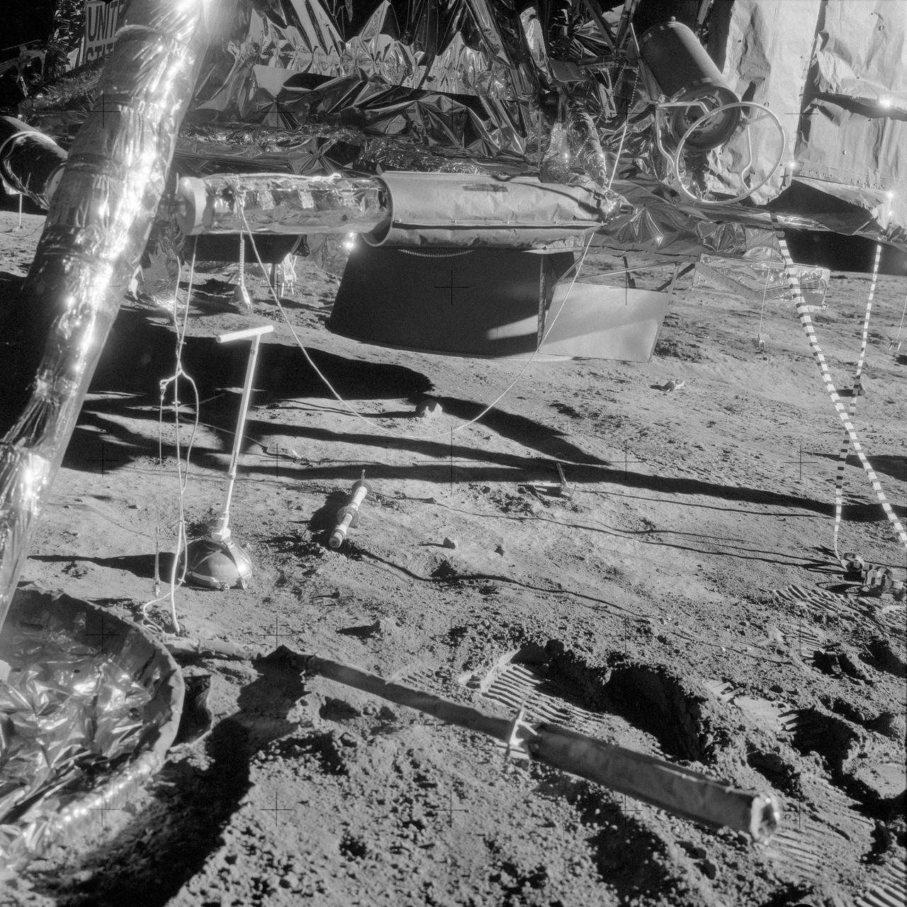 The Apollo 12 lunar module descent stage and footpad on the lunar surface, November 1969.