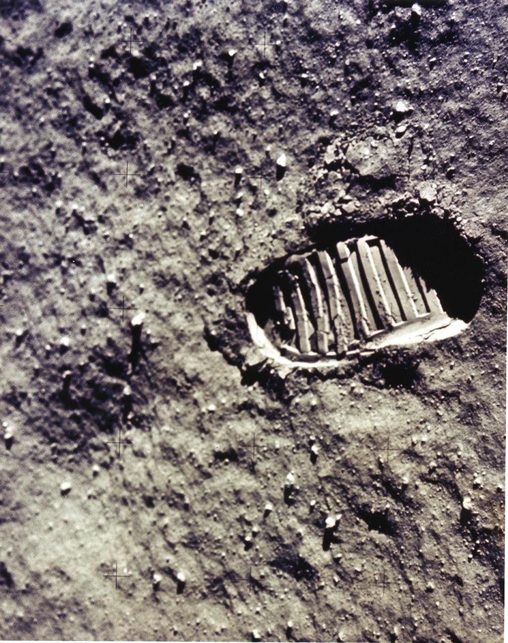 An Apollo 11 bootprint in the lunar soil, July 1969.
