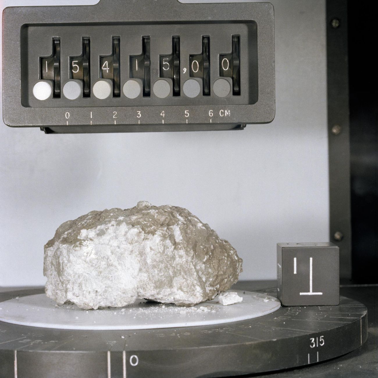 Apollo 15 sample 15415, the “Genesis Rock”, in the Lunar Receiving Laboratory, August 1971.