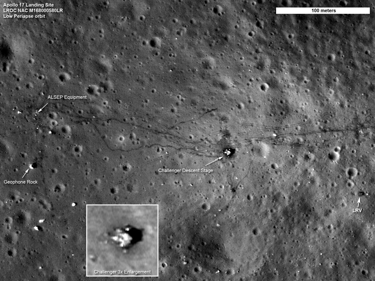 The Apollo 17 landing site in a low-orbit LROC image, August 2011: the descent stage, rover tracks and footpaths. NASA annotations retained.