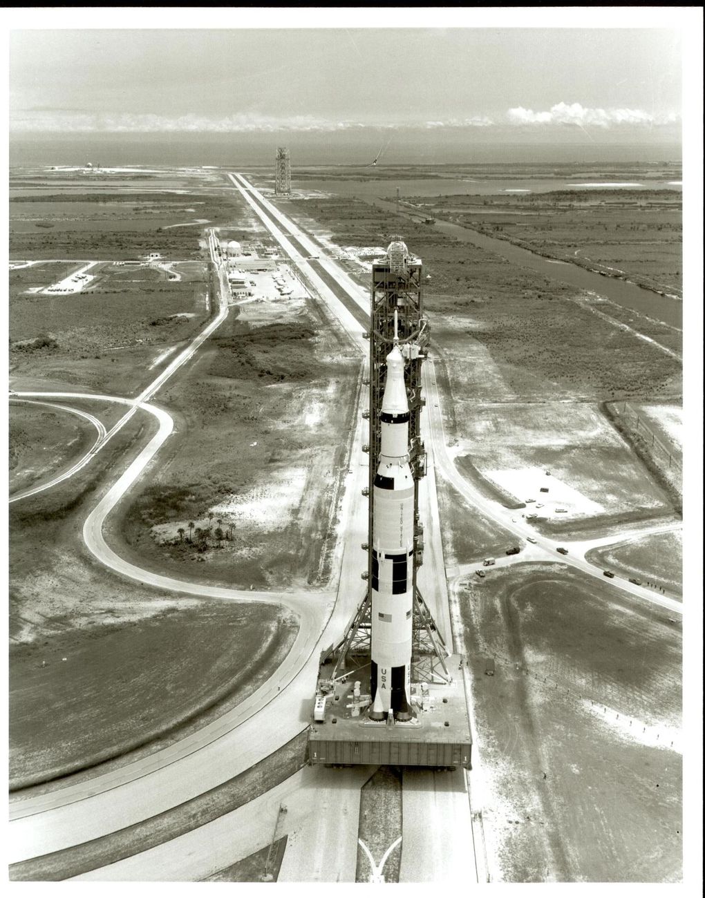 The Apollo 11 Saturn V rolls out from the Vehicle Assembly Building to Launch Complex 39A, 20 May 1969.