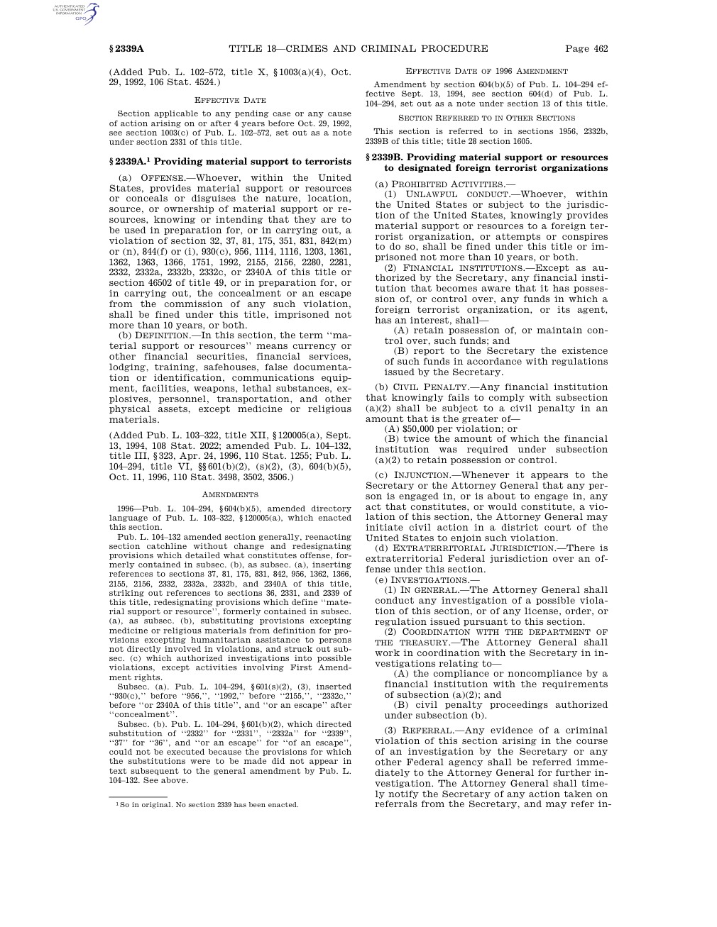 Historical material-support statute and amendment notes, 1996 edition