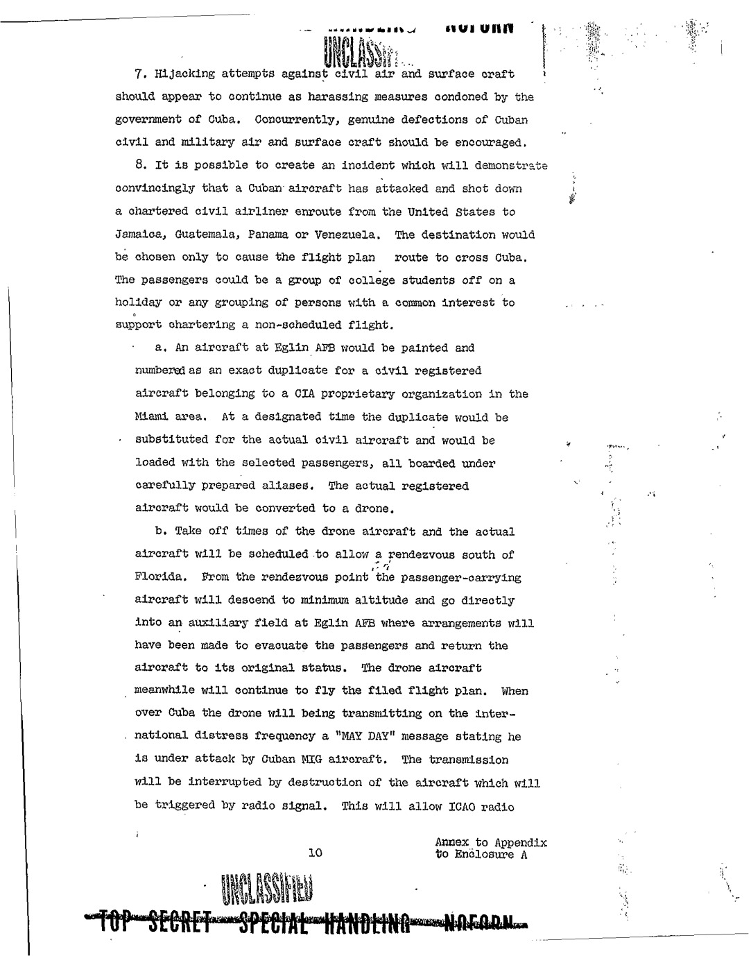 Northwoods annex, printed page 10 (PDF page 13): passenger aliases, an evacuated plane and a separately destroyed drone.