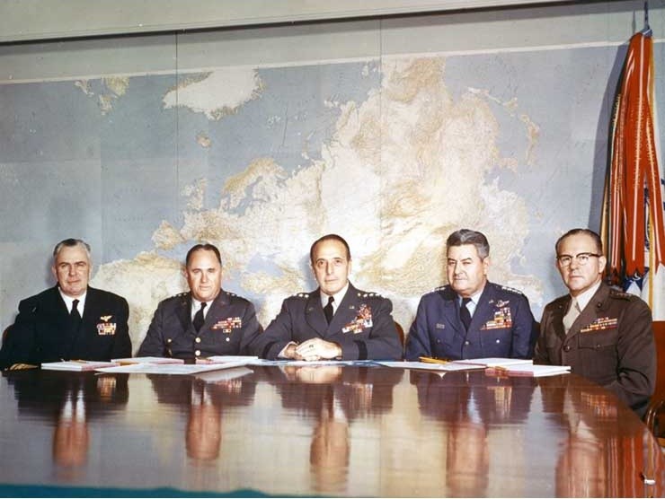 The Joint Chiefs of Staff at the Pentagon, November 13, 1961. Lyman Lemnitzer is seated in the center. Contextual photograph, not a Northwoods approval meeting.