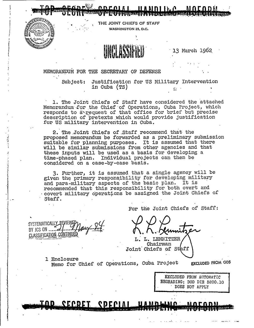 Lemnitzer’s signed March 13, 1962 memorandum to the Secretary of Defense. Complete source page: the recommendation is a preliminary planning submission.