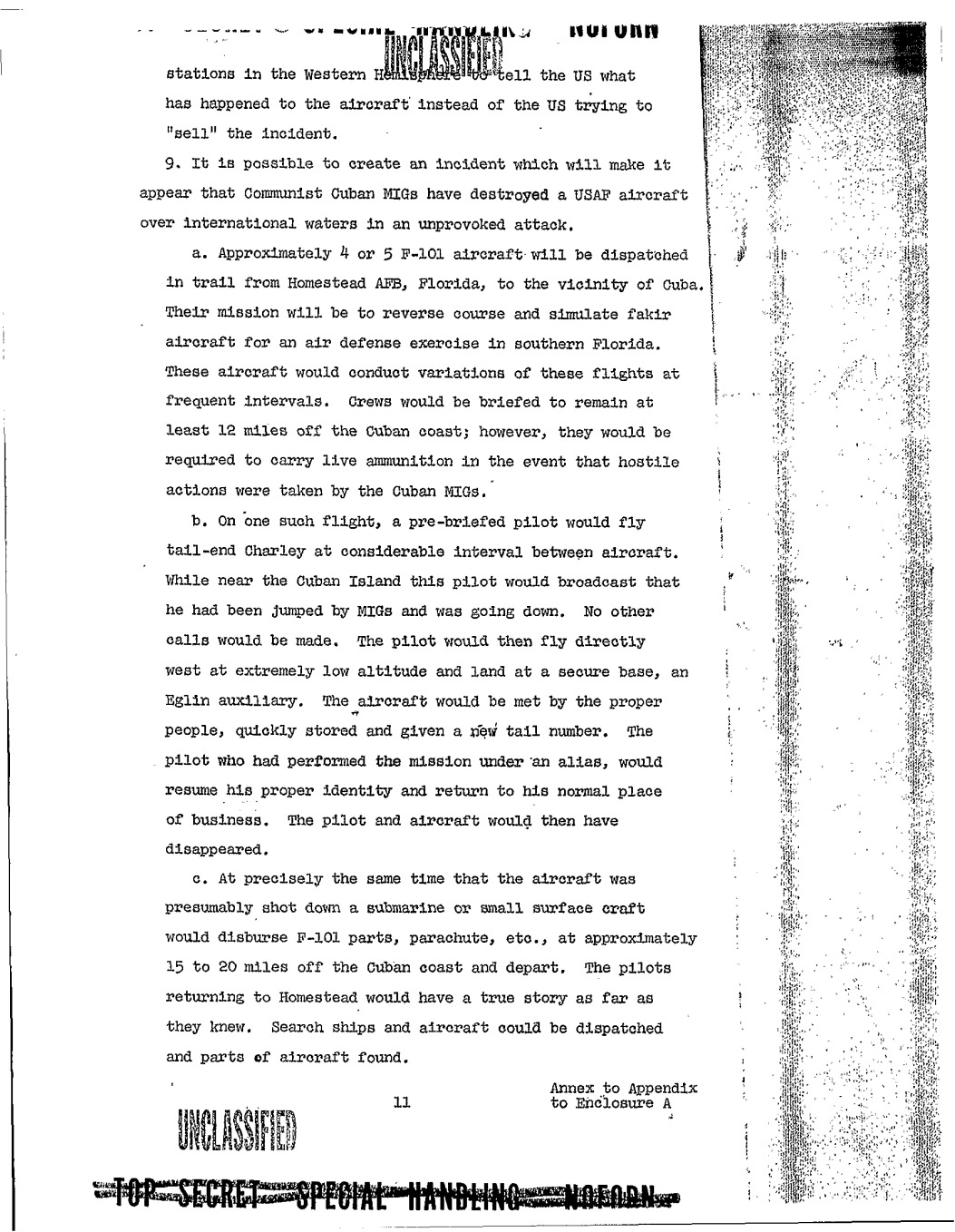 Northwoods annex, printed page 11 (PDF page 14): a fabricated military shootdown, a surviving pilot and planted wreckage.