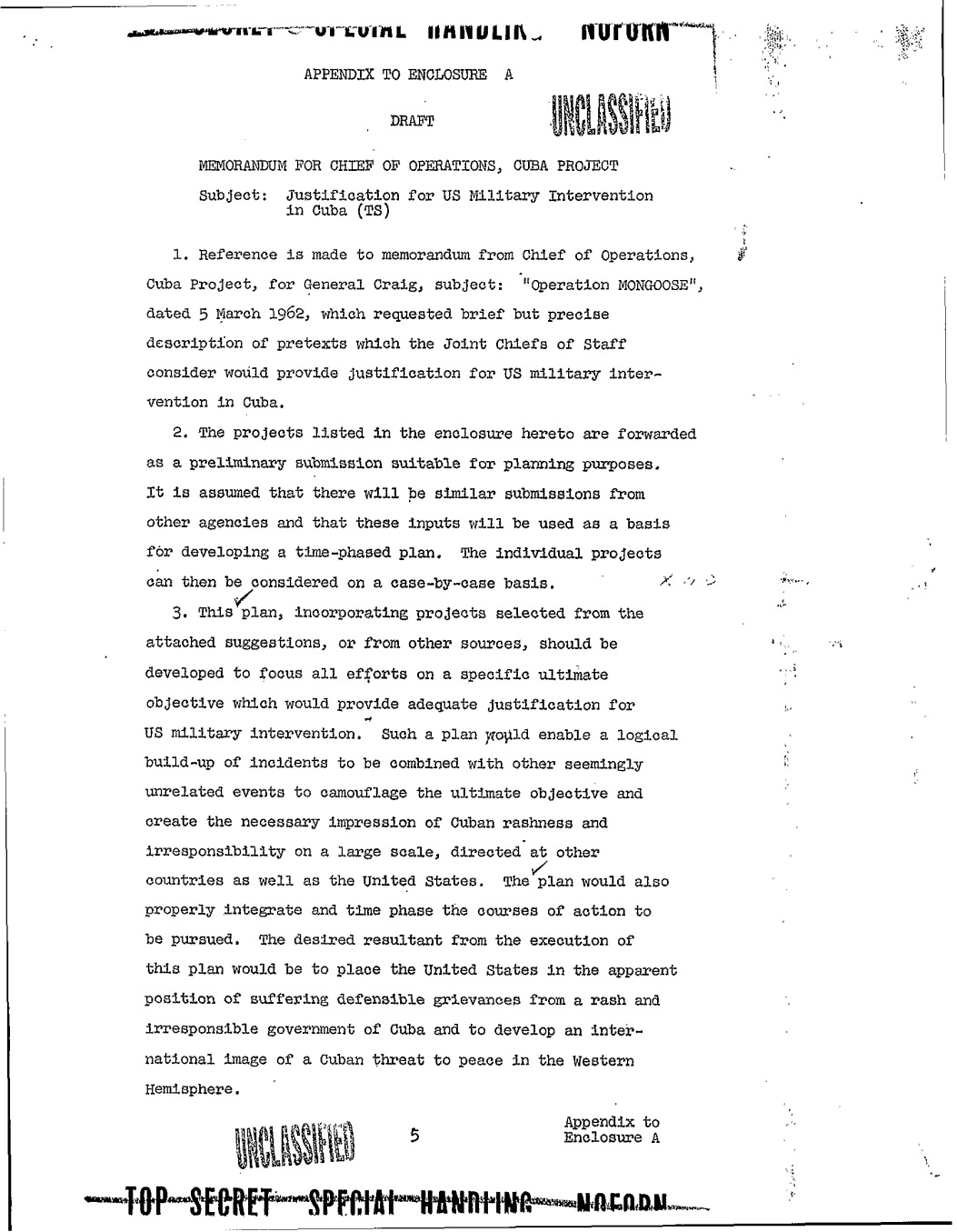 Northwoods draft memorandum, printed page 5 (PDF page 8): pretexts, coordination and the intended appearance of Cuban aggression.