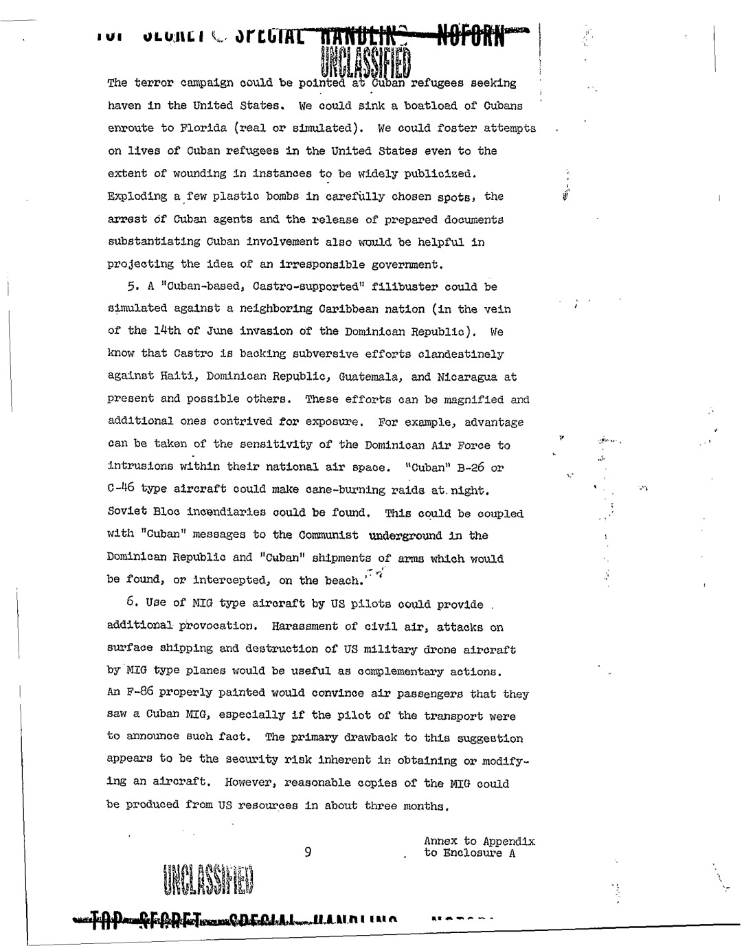Northwoods annex, printed page 9 (PDF page 12): Cuban refugees, real or simulated sinking, wounding and explosives.