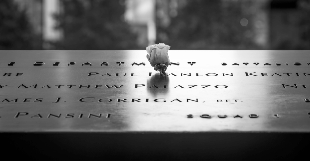 A white rose rests on names at the National September 11 Memorial.
