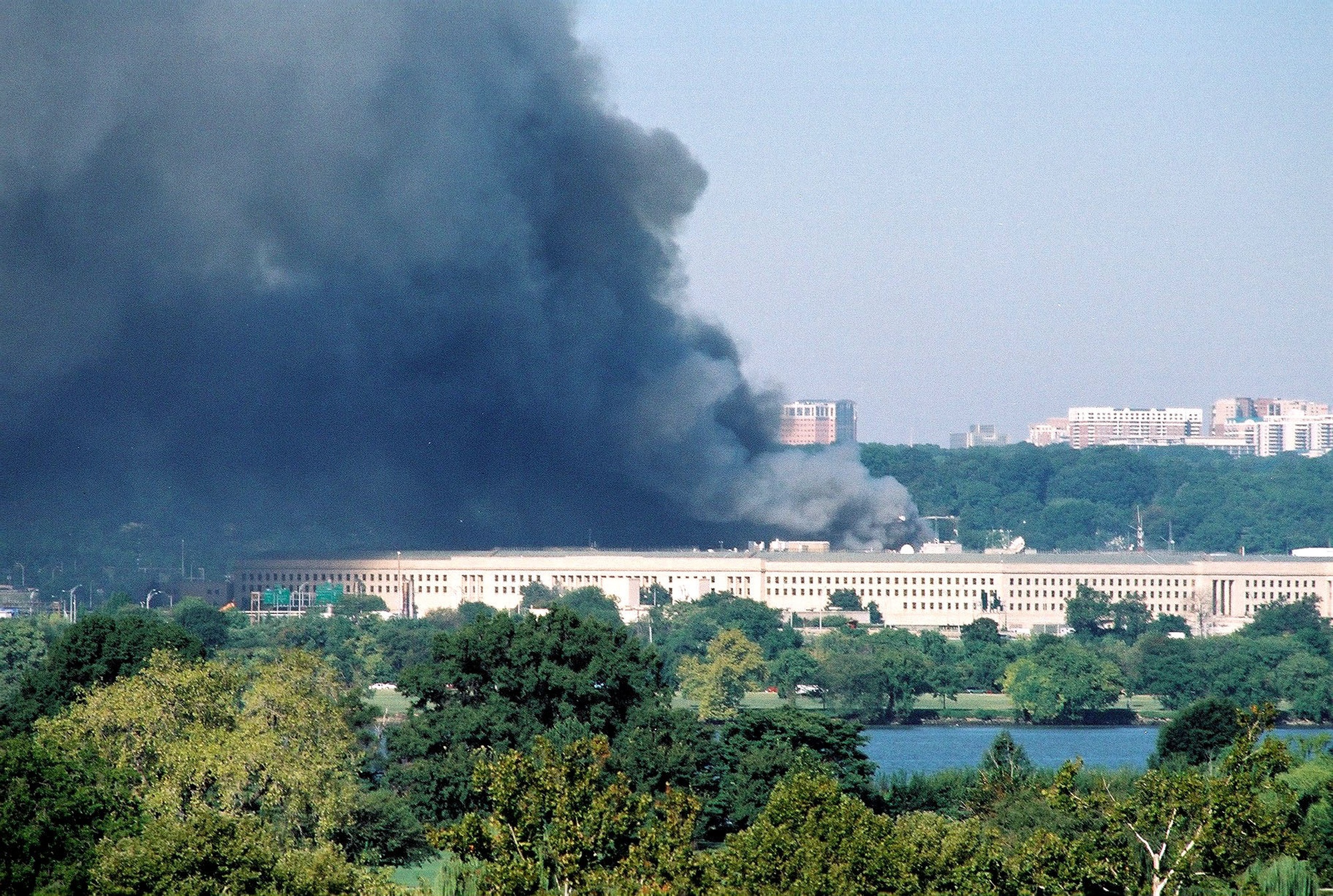 Clouds of smoke rise from the Pentagon after Flight 77 struck on September 11, 2001.