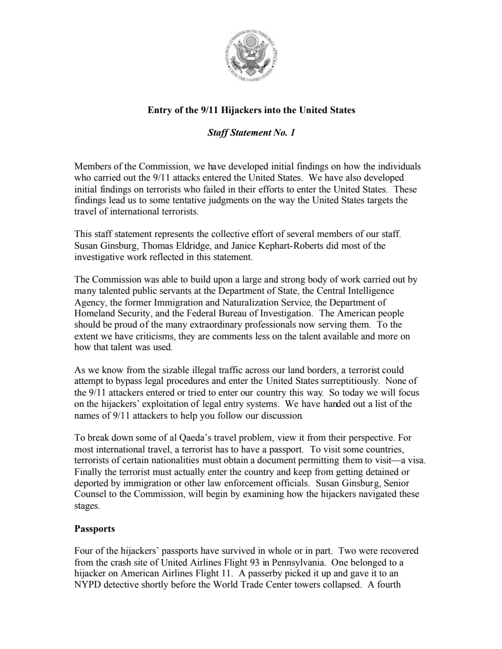 9/11 Commission staff statement on terrorist entry and travel; contemporary document, not the final identity directory.