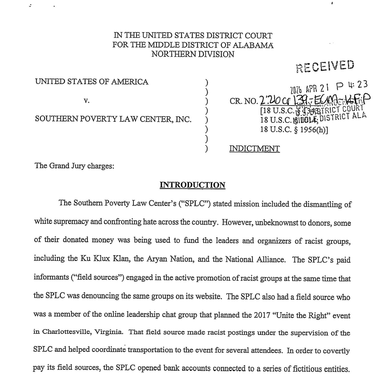 USA v. SPLC indictment — first page crop