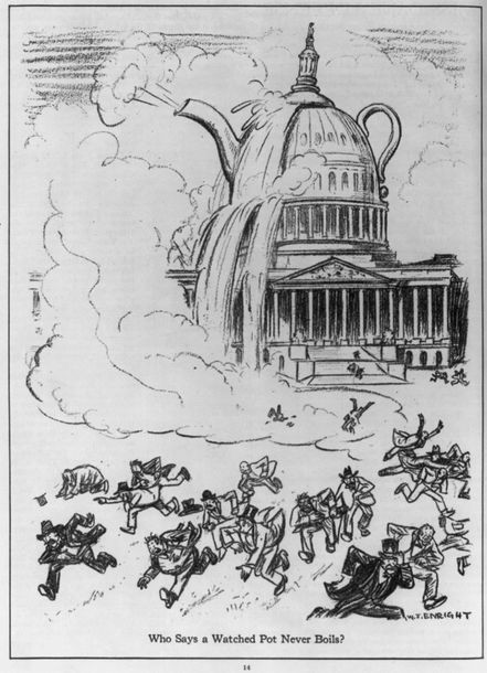W. T. Enright, “Who says A watched pot never boils?”, Judge, February 23, 1924. Contemporary political satire; not a literal depiction or proof of each accusation.
