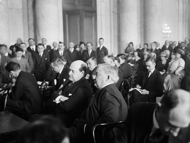 Harry Sinclair at a Senate oil-lease hearing in 1924. This is a hearing photograph, not a criminal verdict.