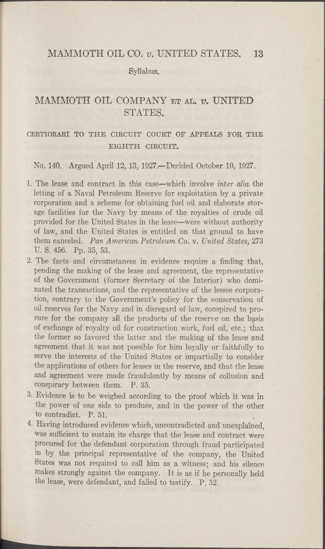 Opening page of Mammoth Oil Co. v. United States, 275 U.S. 13 (1927).