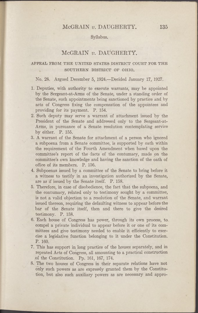 Opening page of McGrain v. Daugherty, 273 U.S. 135 (1927).