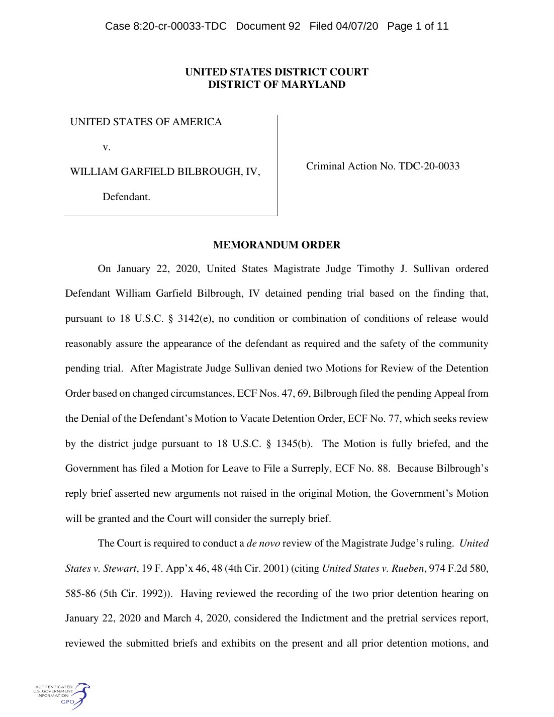 United States v. Bilbrough: April 7, 2020 pretrial detention memorandum, PDF page 1; not a final conviction