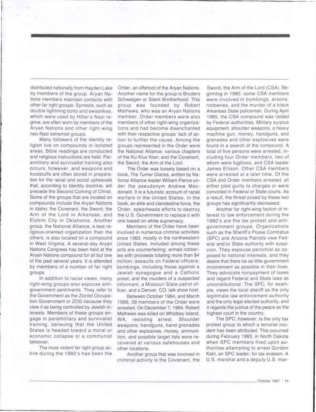 FBI institutional analysis of The Order, printed 11