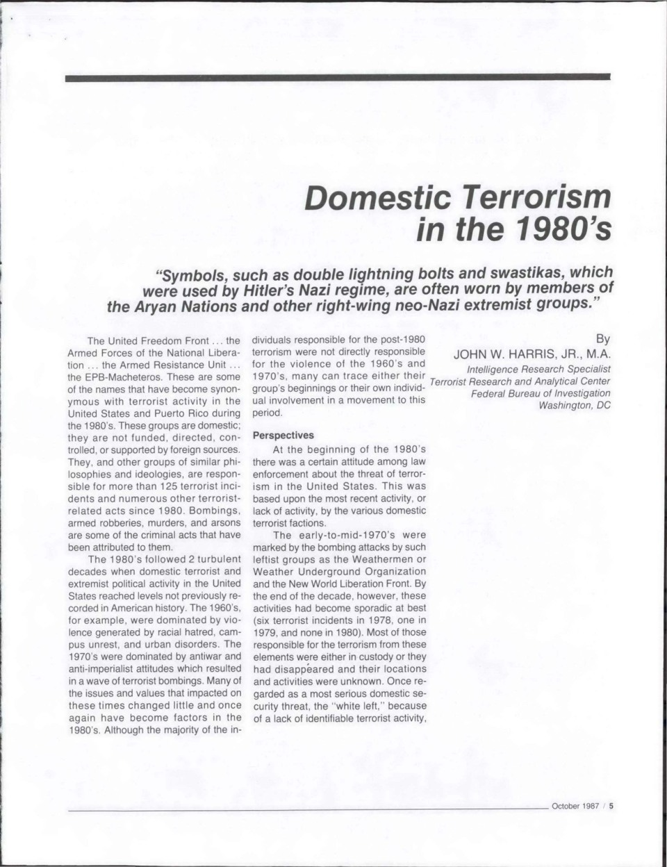 FBI article title/byline identifies employee author, printed 5
