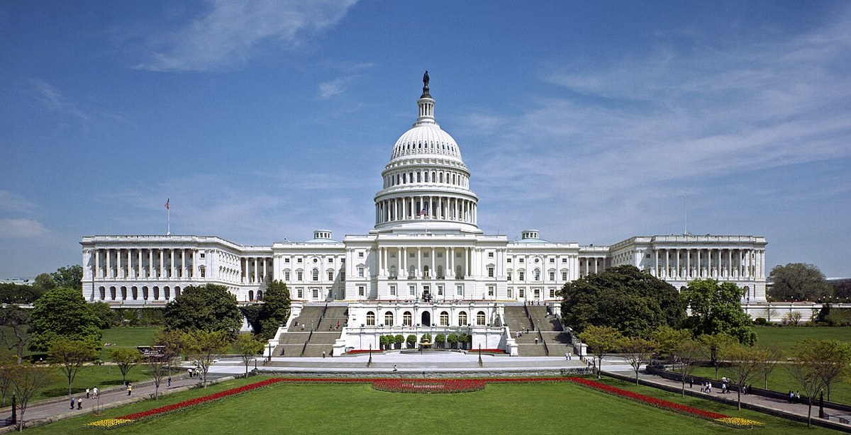 The west front of the United States Capitol. An institutional view used to illustrate political influence.