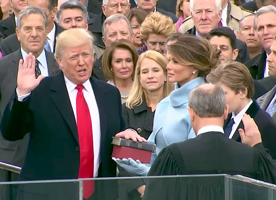 Trump taking the oath of office (2017 ceremony photo — used to illustrate inauguration/age politics; 2025 set the age record).