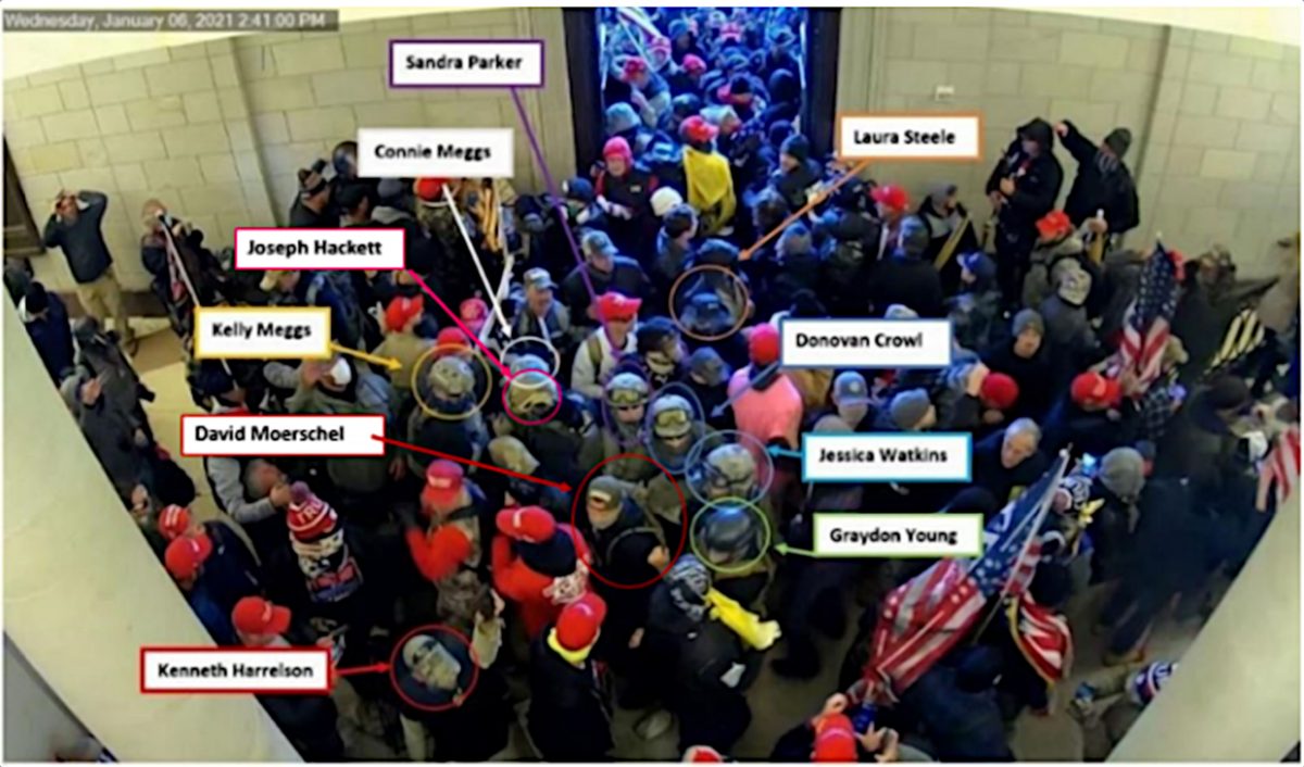 Oath Keepers members and affiliates inside the Capitol on 6 January 2021 (DOJ exhibit).
