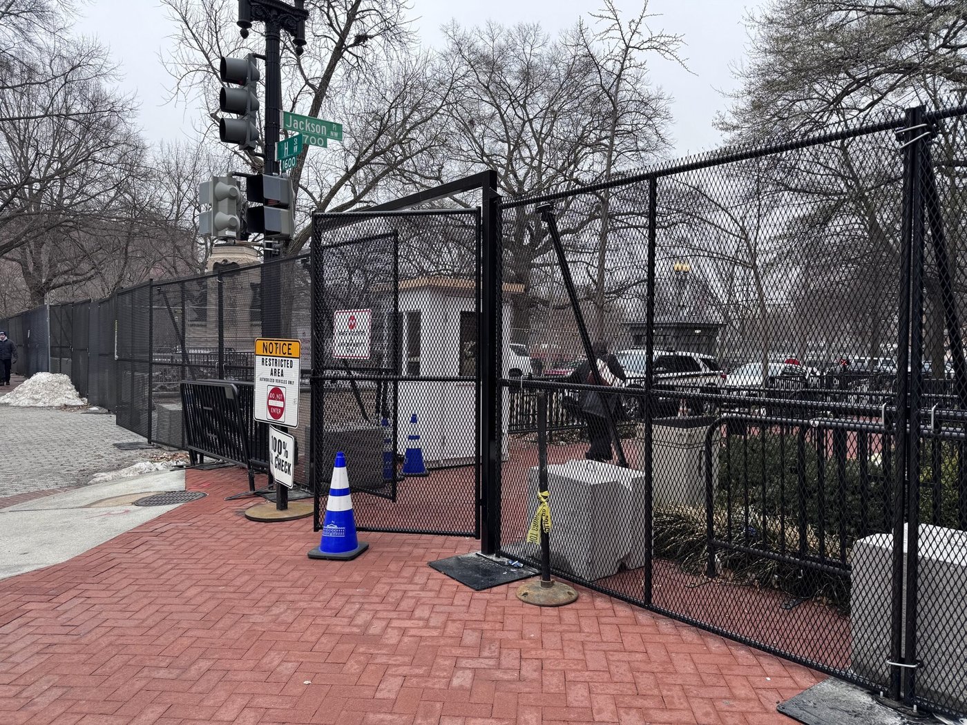 Security fencing around Lafayette Square (later installation photograph).