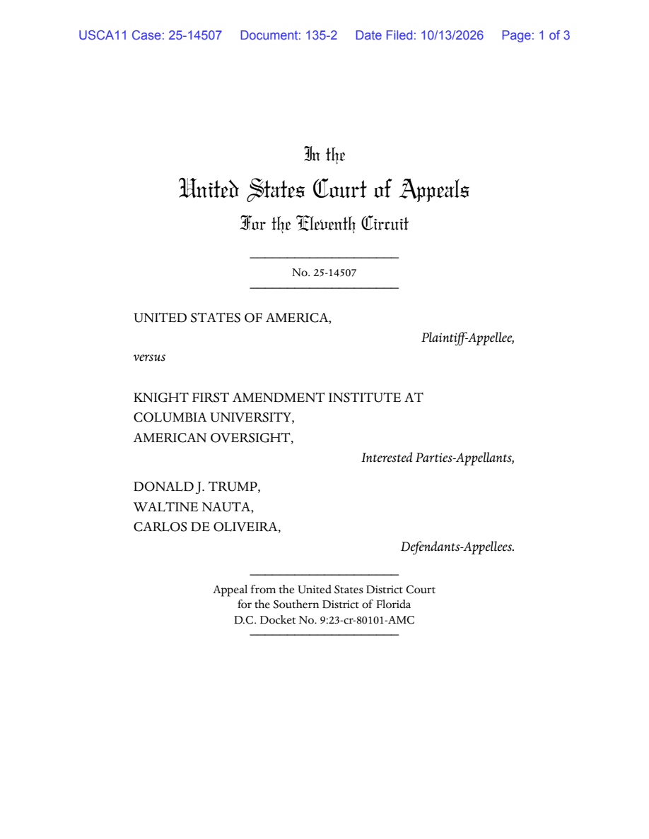 Federal appellate order of October 13, 2026, concerning the Smith report-release litigation. Complete first page, preserved by a document repository.