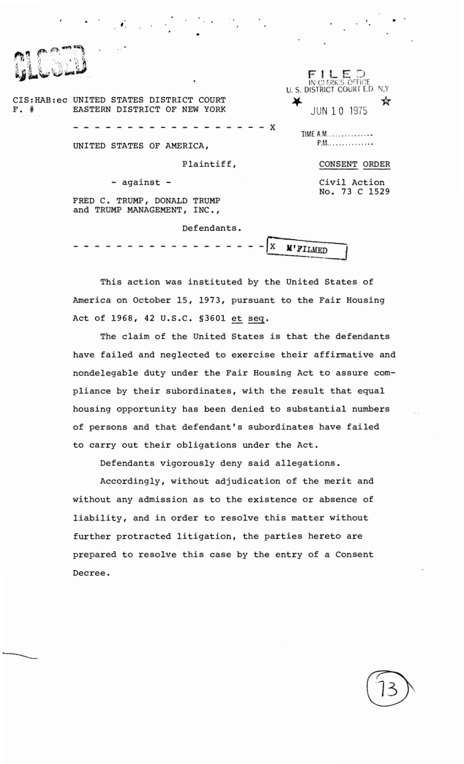 First page of the June 10, 1975 federal housing consent order. It records the allegations, denials and absence of a merits adjudication.