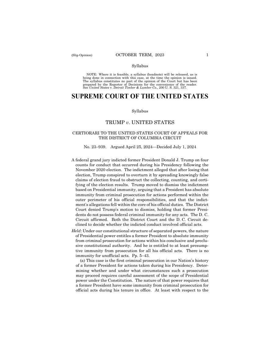 Supreme Court decision in Trump v. United States, July 1, 2024. First page of the syllabus, which summarizes the opinion.