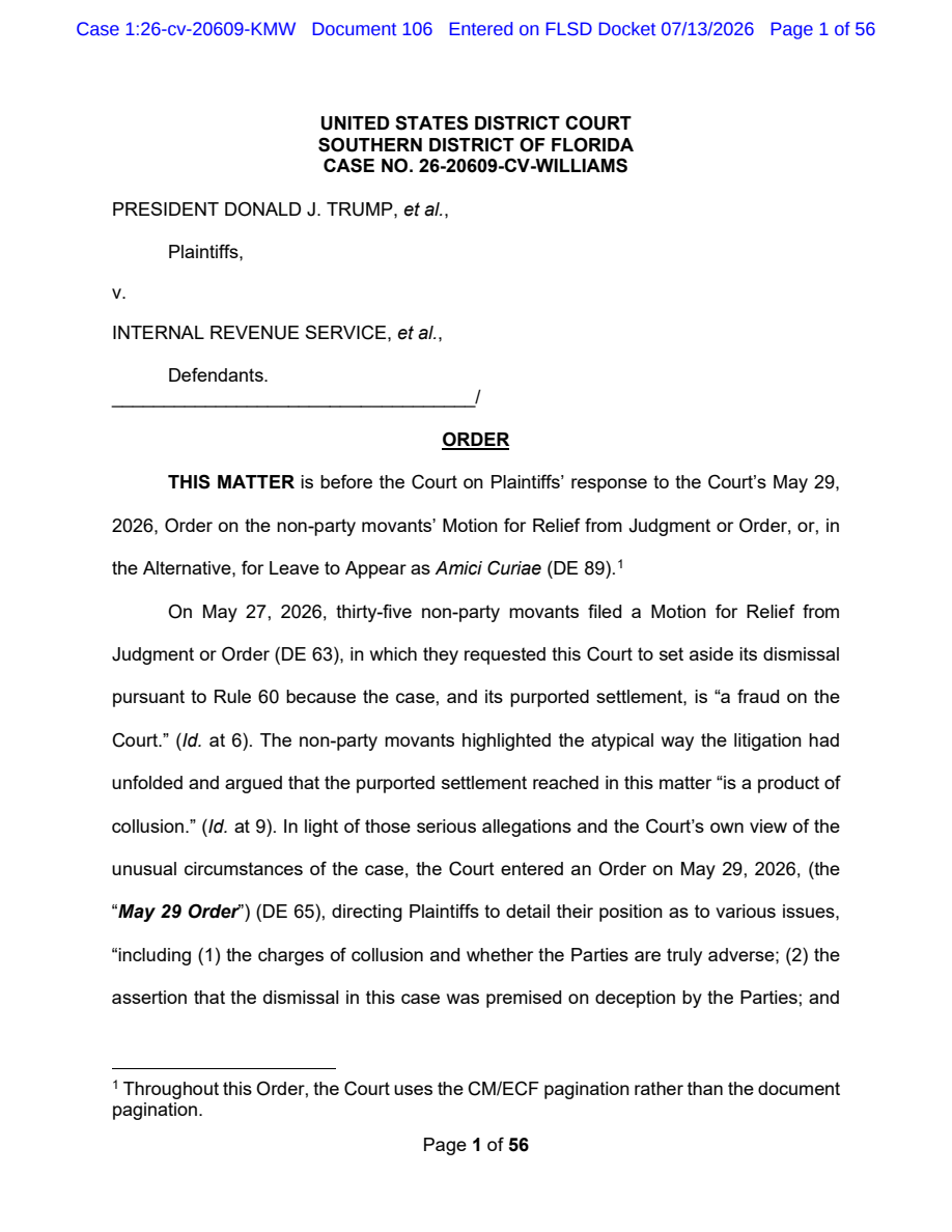 First page of Judge Kathleen Williams’s July 13, 2026 order in Trump v. IRS. Original federal court document preserved by the Civil Rights Litigation Clearinghouse.