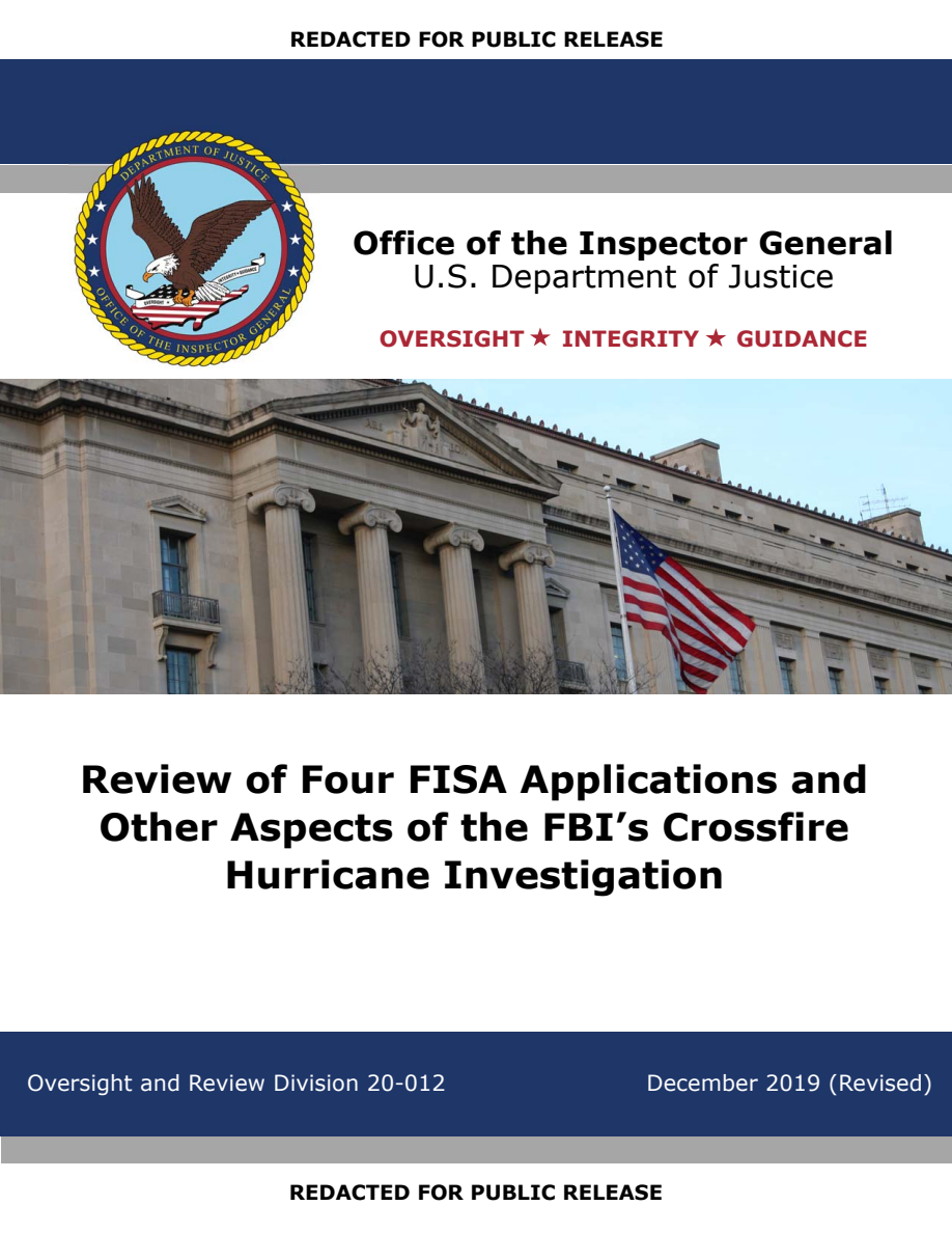 DOJ Inspector General review of the Crossfire Hurricane investigation and FISA applications, December 2019. Original report cover.